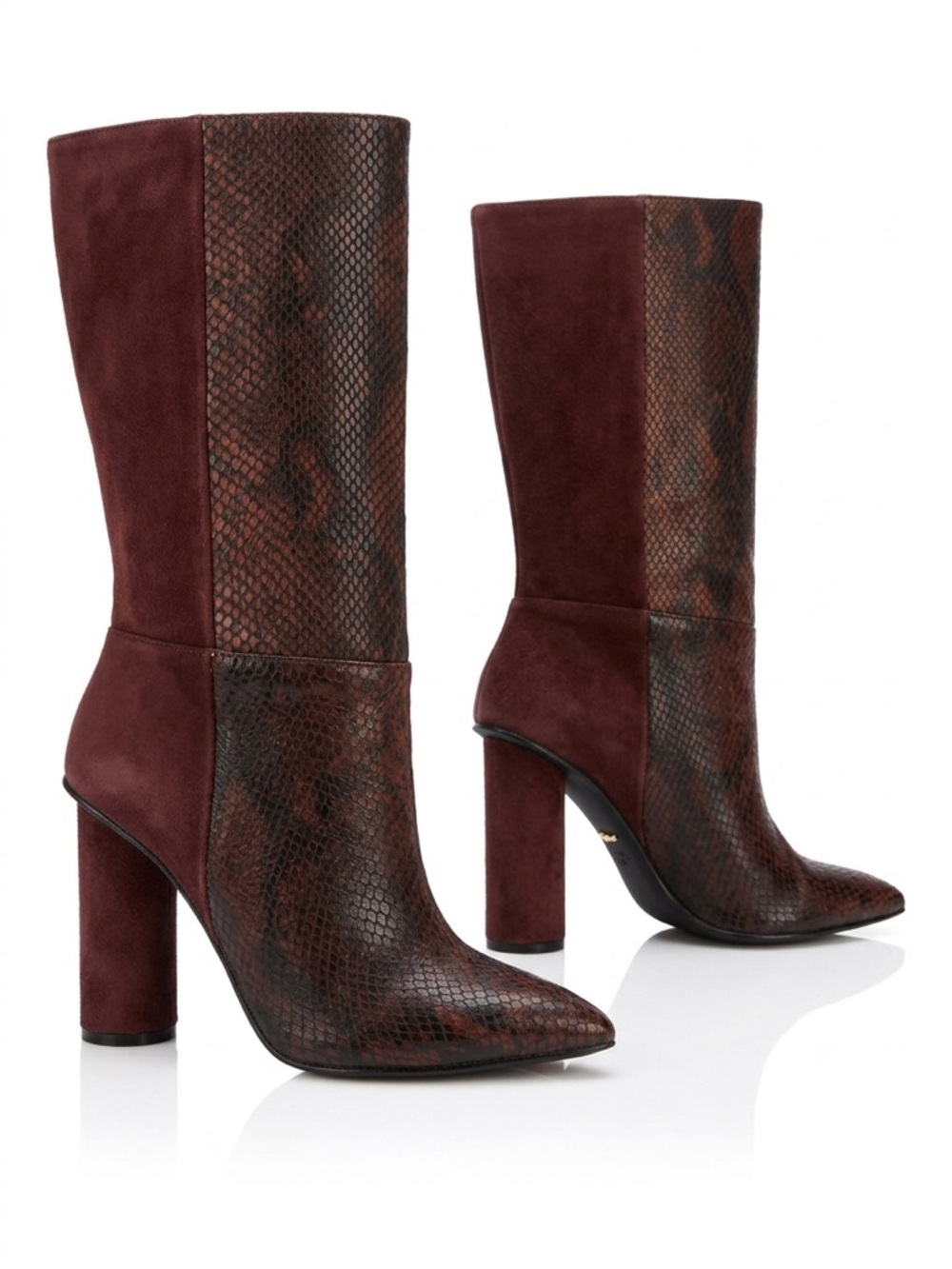 42 GOLD Two-Tone Burgundy Snake-Embossed & Suede Boots